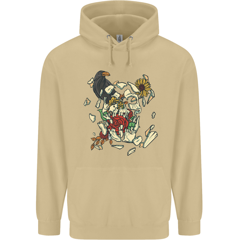 Broken Skull With Roses & Raven Mens 80% Cotton Hoodie Sand