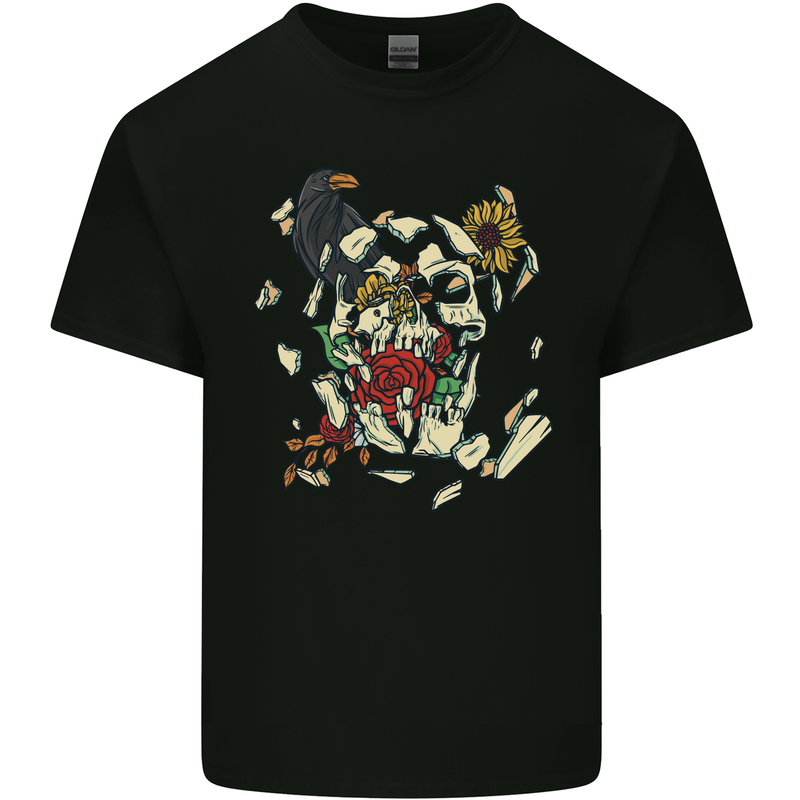 Broken Skull With Roses & Raven Mens Cotton T-Shirt Tee Top Black