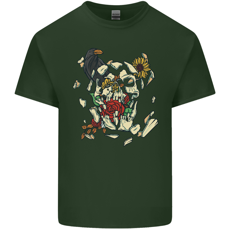 Broken Skull With Roses & Raven Mens Cotton T-Shirt Tee Top Forest Green