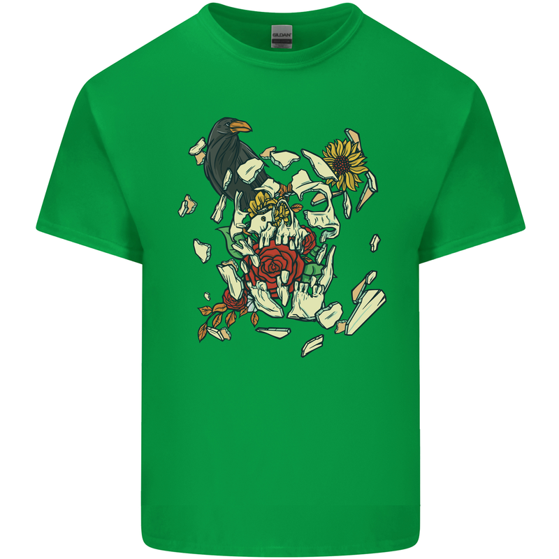 Broken Skull With Roses & Raven Mens Cotton T-Shirt Tee Top Irish Green