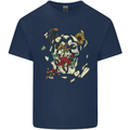 Broken Skull With Roses & Raven Mens Cotton T-Shirt Tee Top Navy Blue