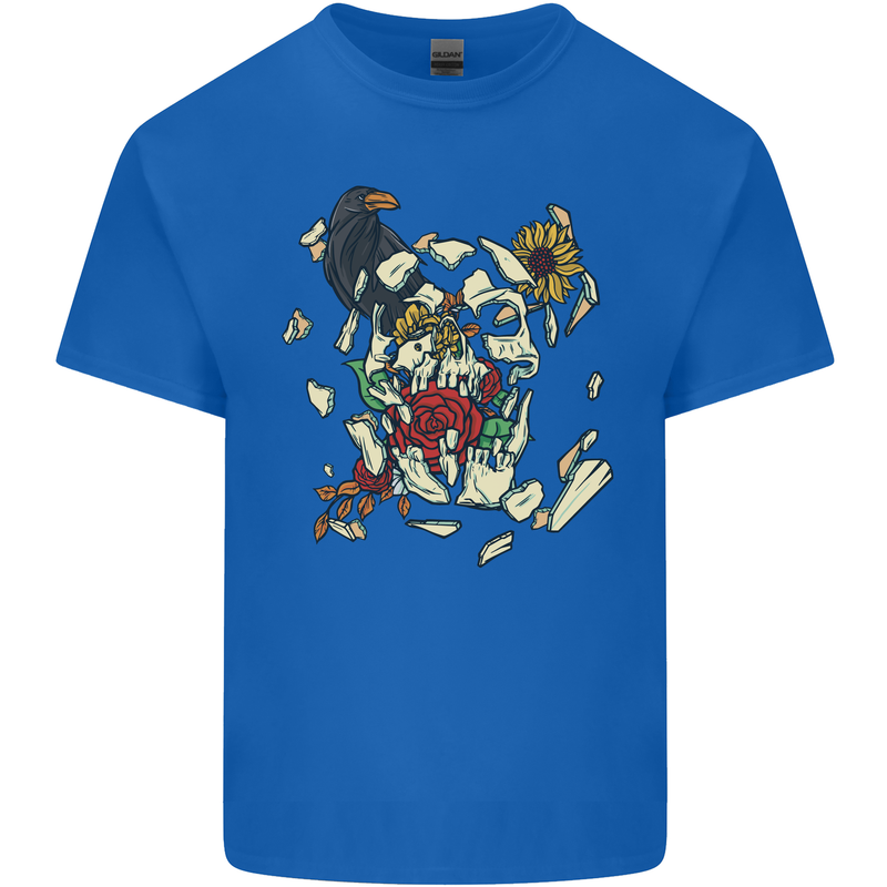 Broken Skull With Roses & Raven Mens Cotton T-Shirt Tee Top Royal Blue