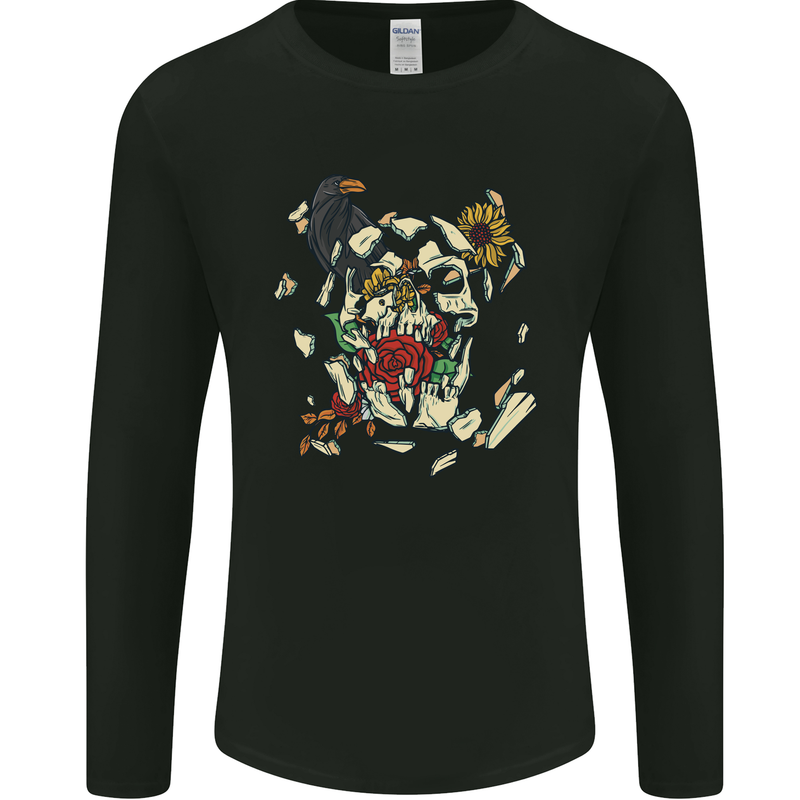 Broken Skull With Roses & Raven Mens Long Sleeve T-Shirt Black