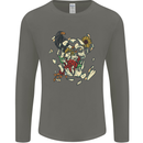 Broken Skull With Roses & Raven Mens Long Sleeve T-Shirt Charcoal