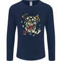 Broken Skull With Roses & Raven Mens Long Sleeve T-Shirt Navy Blue