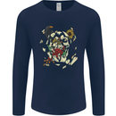 Broken Skull With Roses & Raven Mens Long Sleeve T-Shirt Navy Blue