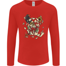 Broken Skull With Roses & Raven Mens Long Sleeve T-Shirt Red
