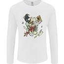 Broken Skull With Roses & Raven Mens Long Sleeve T-Shirt White