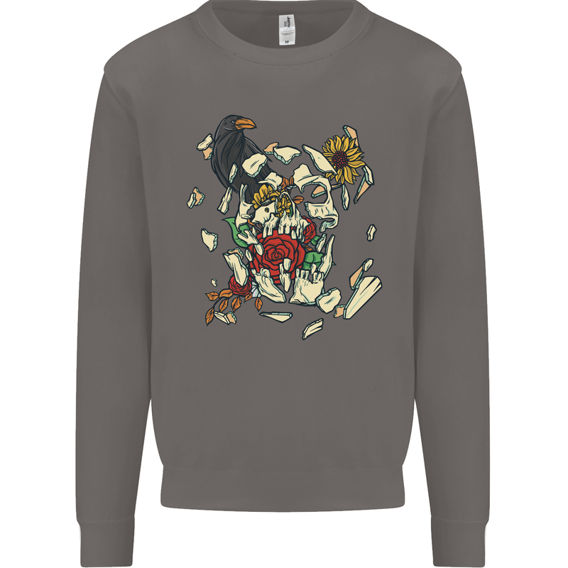 Broken Skull With Roses & Raven Mens Sweatshirt Jumper Charcoal