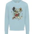 Broken Skull With Roses & Raven Mens Sweatshirt Jumper Light Blue
