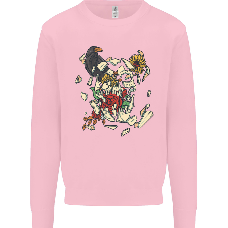 Broken Skull With Roses & Raven Mens Sweatshirt Jumper Light Pink