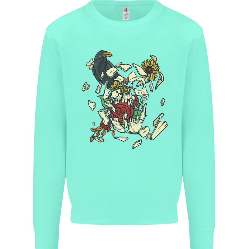 Broken Skull With Roses & Raven Mens Sweatshirt Jumper Peppermint
