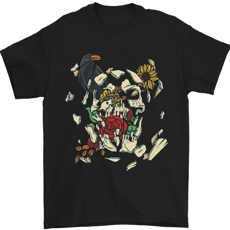 Broken Skull With Roses & Raven Mens T-Shirt Cotton Gildan Black