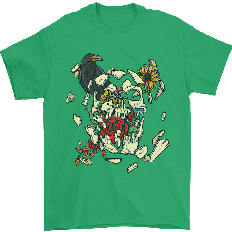 Broken Skull With Roses & Raven Mens T-Shirt Cotton Gildan Irish Green
