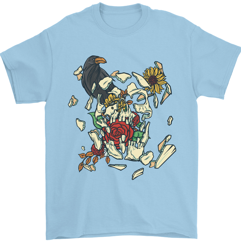Broken Skull With Roses & Raven Mens T-Shirt Cotton Gildan Light Blue
