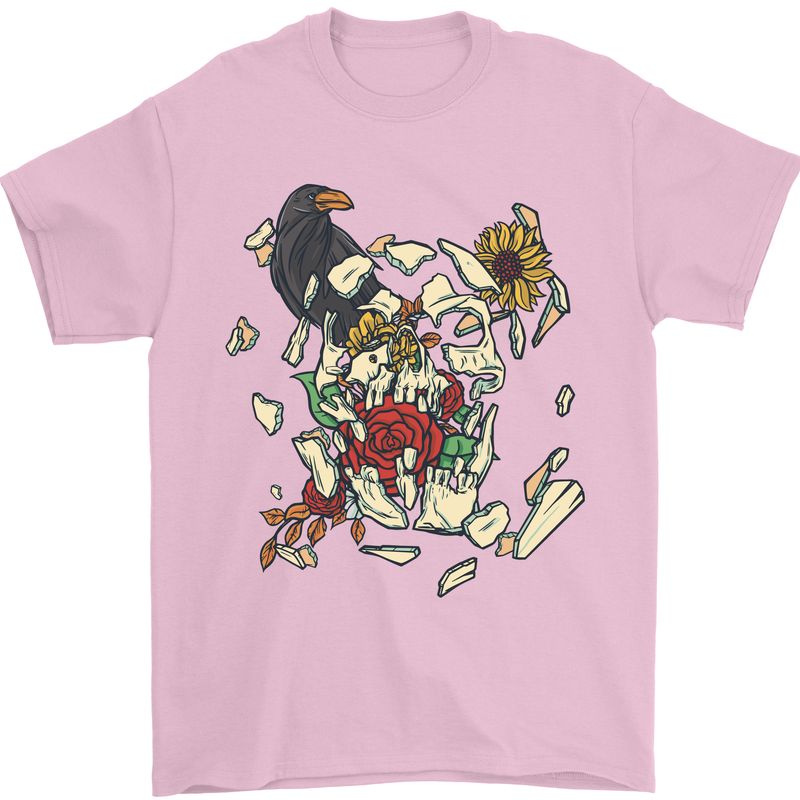 Broken Skull With Roses & Raven Mens T-Shirt Cotton Gildan Light Pink
