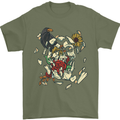 Broken Skull With Roses & Raven Mens T-Shirt Cotton Gildan Military Green