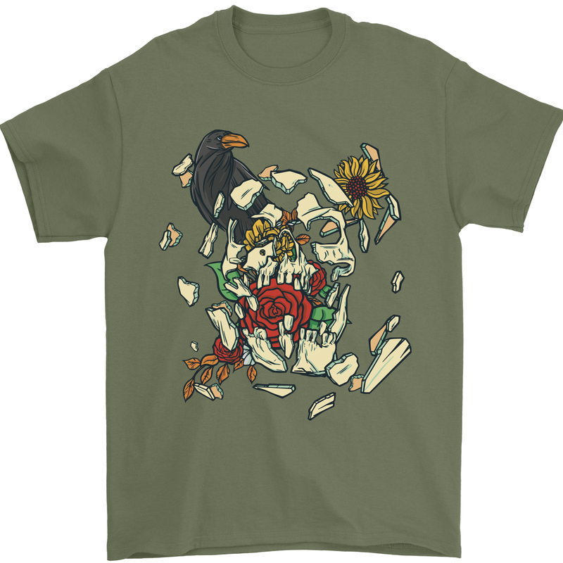 Broken Skull With Roses & Raven Mens T-Shirt Cotton Gildan Military Green
