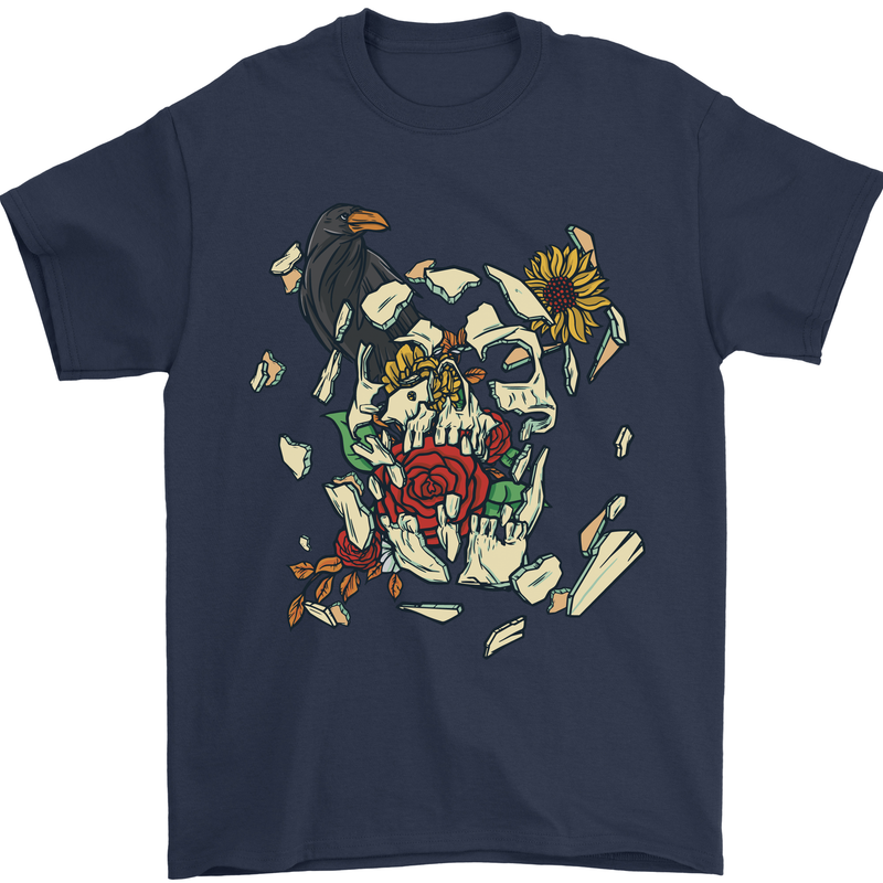 Broken Skull With Roses & Raven Mens T-Shirt Cotton Gildan Navy Blue