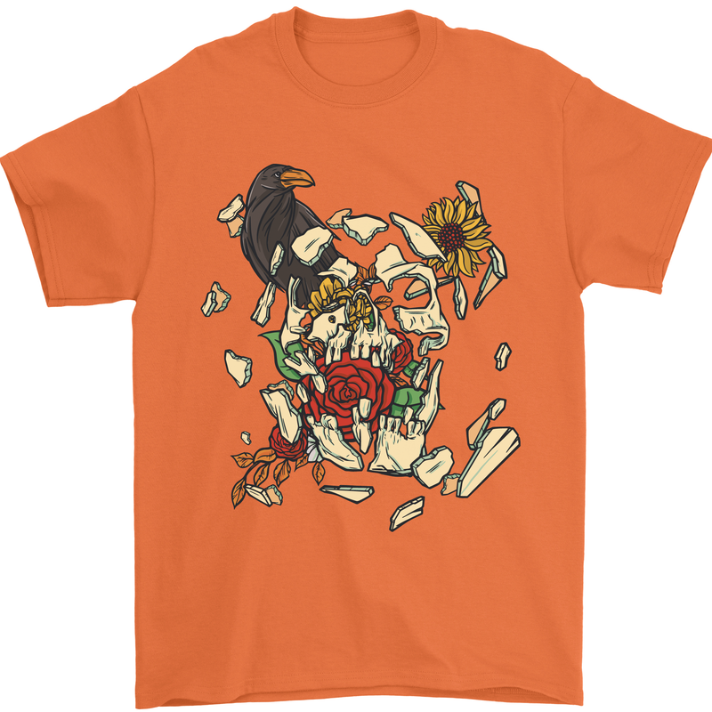 Broken Skull With Roses & Raven Mens T-Shirt Cotton Gildan Orange