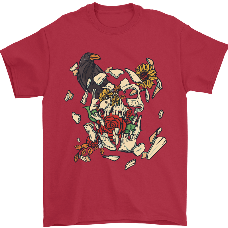 Broken Skull With Roses & Raven Mens T-Shirt Cotton Gildan Red