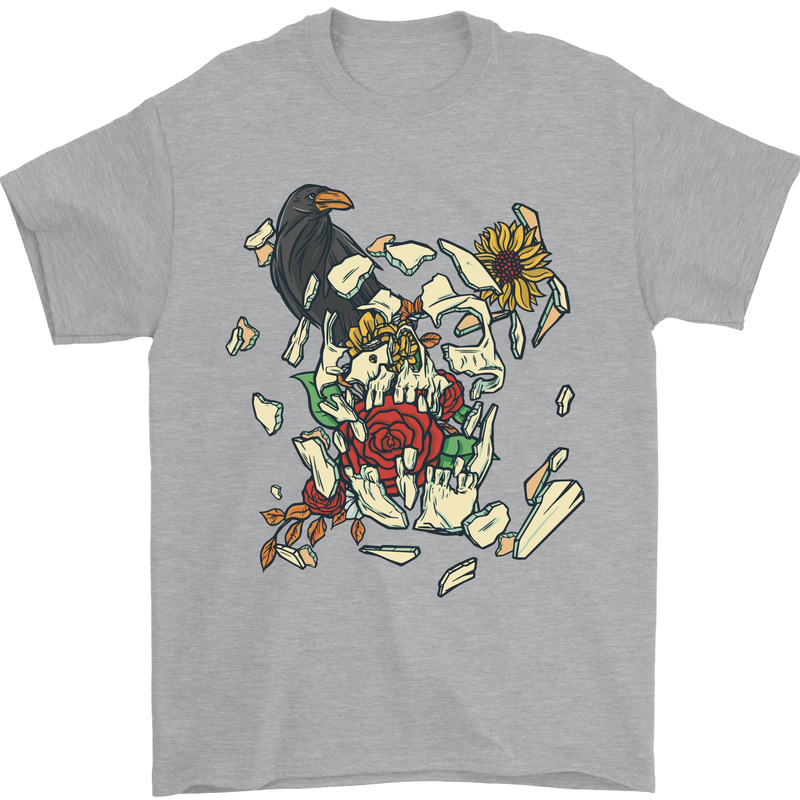 Broken Skull With Roses & Raven Mens T-Shirt Cotton Gildan Sports Grey