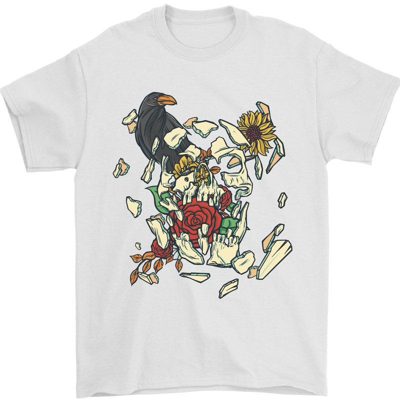 Broken Skull With Roses & Raven Mens T-Shirt Cotton Gildan White