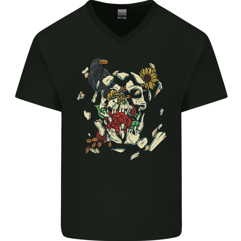Broken Skull With Roses & Raven Mens V-Neck Cotton T-Shirt Black
