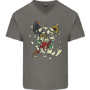 Broken Skull With Roses & Raven Mens V-Neck Cotton T-Shirt Charcoal