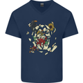Broken Skull With Roses & Raven Mens V-Neck Cotton T-Shirt Navy Blue