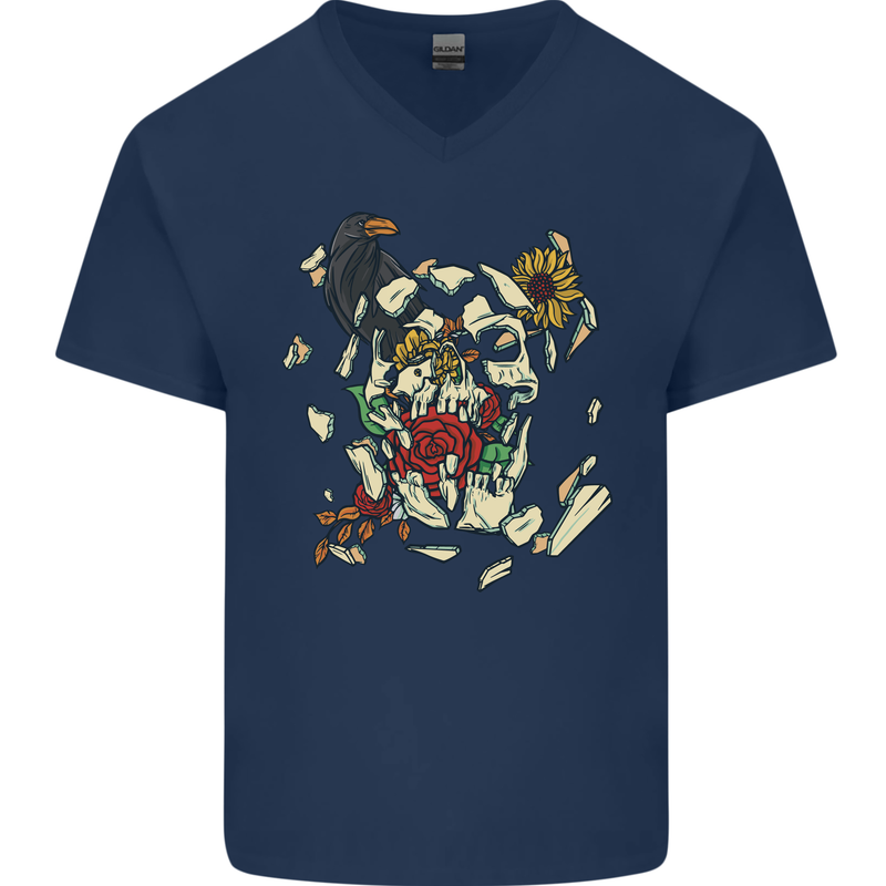 Broken Skull With Roses & Raven Mens V-Neck Cotton T-Shirt Navy Blue