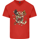 Broken Skull With Roses & Raven Mens V-Neck Cotton T-Shirt Red