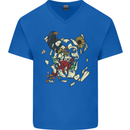 Broken Skull With Roses & Raven Mens V-Neck Cotton T-Shirt Royal Blue