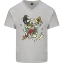 Broken Skull With Roses & Raven Mens V-Neck Cotton T-Shirt Sports Grey