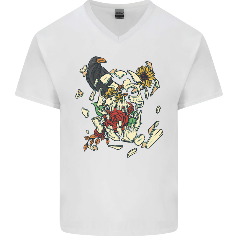 Broken Skull With Roses & Raven Mens V-Neck Cotton T-Shirt White