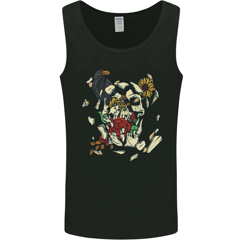 Broken Skull With Roses & Raven Mens Vest Tank Top Black