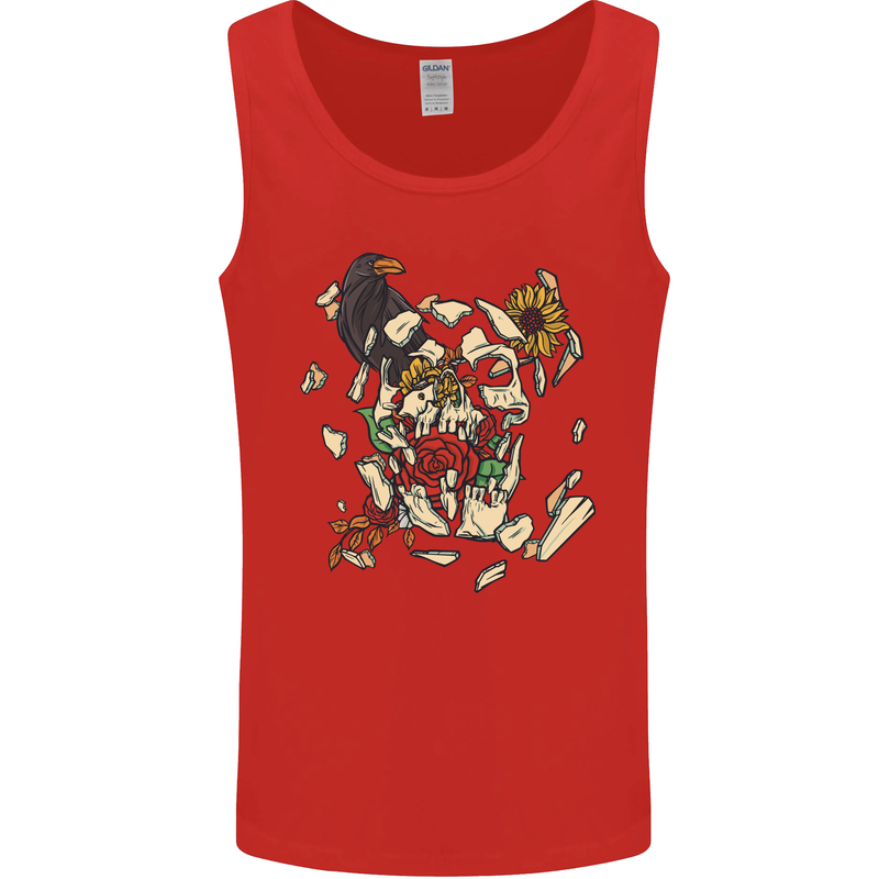 Broken Skull With Roses & Raven Mens Vest Tank Top Red