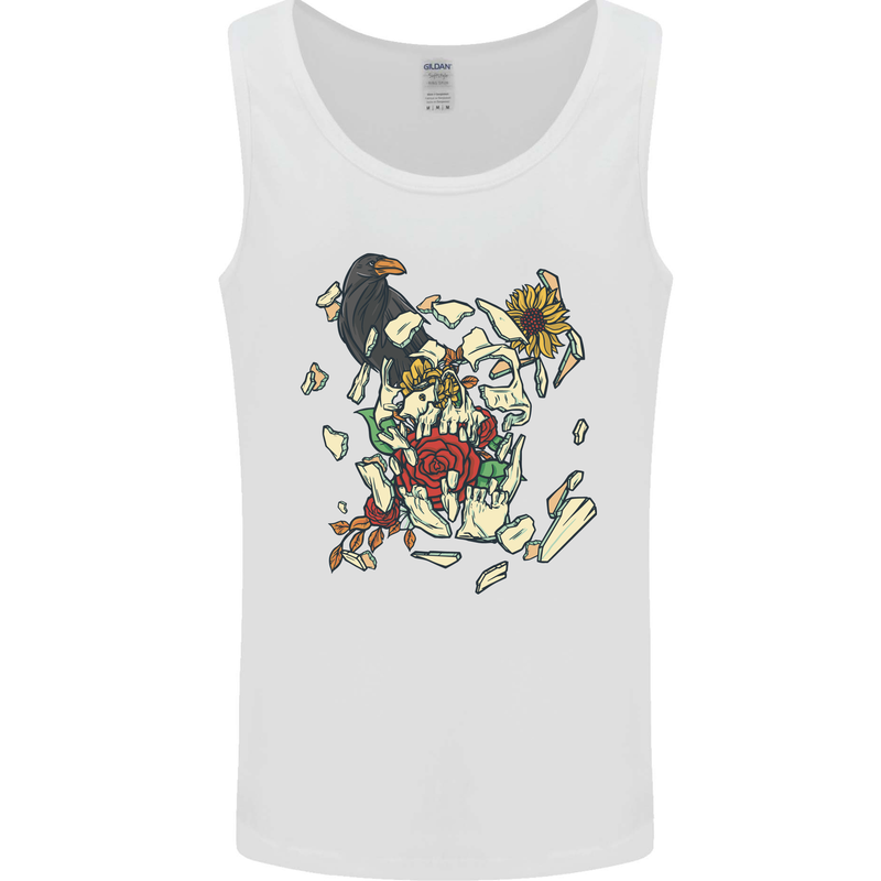 Broken Skull With Roses & Raven Mens Vest Tank Top White