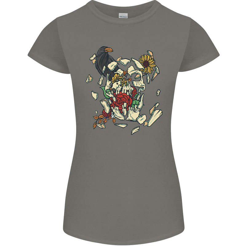 Broken Skull With Roses & Raven Womens Petite Cut T-Shirt Charcoal