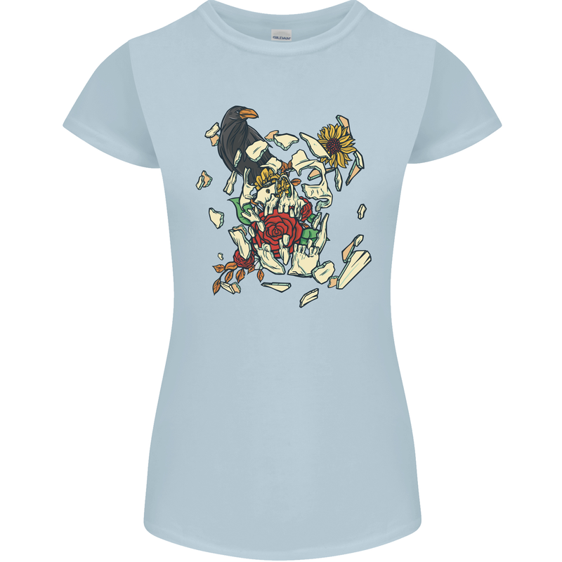 Broken Skull With Roses & Raven Womens Petite Cut T-Shirt Light Blue