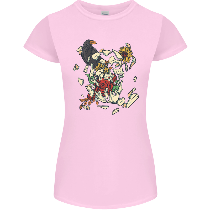 Broken Skull With Roses & Raven Womens Petite Cut T-Shirt Light Pink