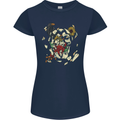 Broken Skull With Roses & Raven Womens Petite Cut T-Shirt Navy Blue