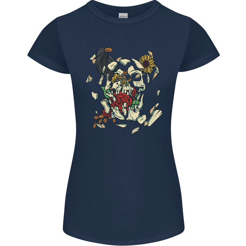 Broken Skull With Roses & Raven Womens Petite Cut T-Shirt Navy Blue