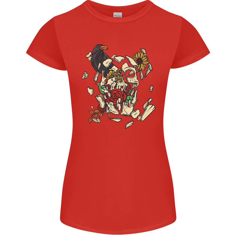Broken Skull With Roses & Raven Womens Petite Cut T-Shirt Red