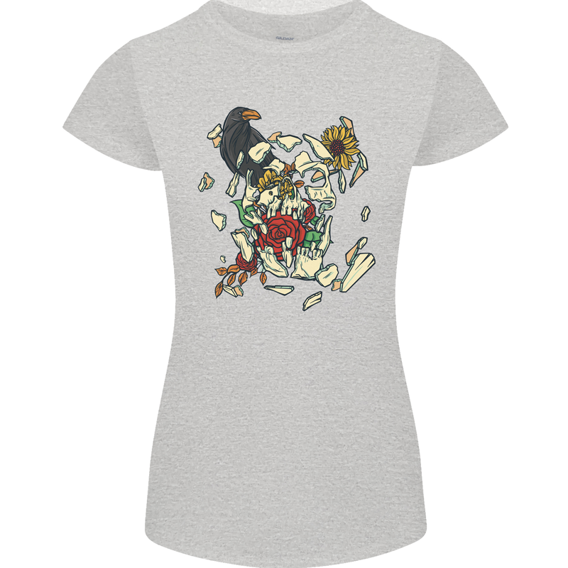 Broken Skull With Roses & Raven Womens Petite Cut T-Shirt Sports Grey