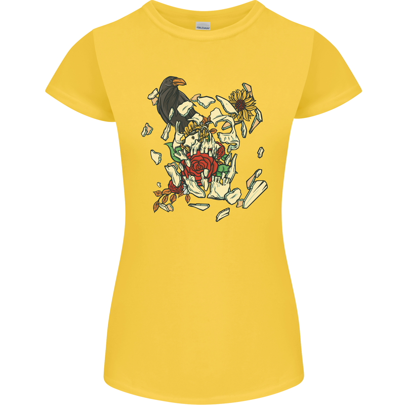 Broken Skull With Roses & Raven Womens Petite Cut T-Shirt Yellow
