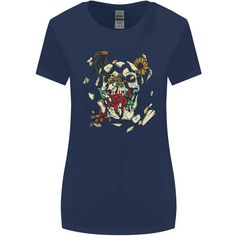 Broken Skull With Roses & Raven Womens Wider Cut T-Shirt Navy Blue