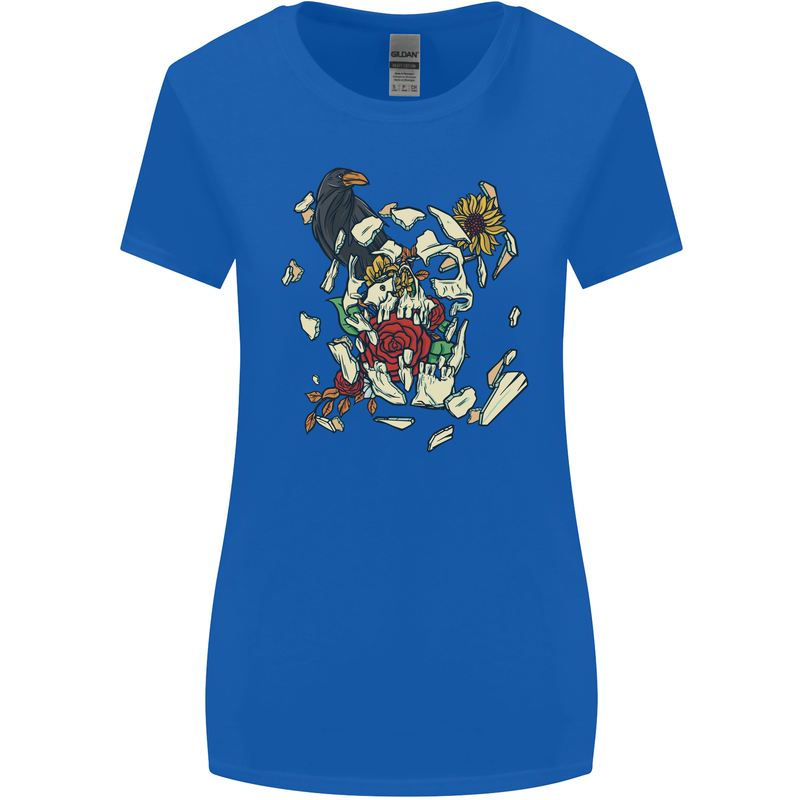 Broken Skull With Roses & Raven Womens Wider Cut T-Shirt Royal Blue