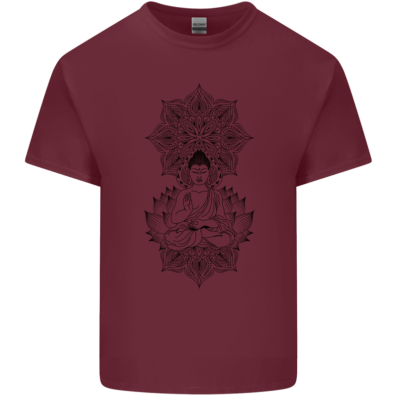 Buddha Mandala Art Mens Cotton T-Shirt Tee Top Maroon