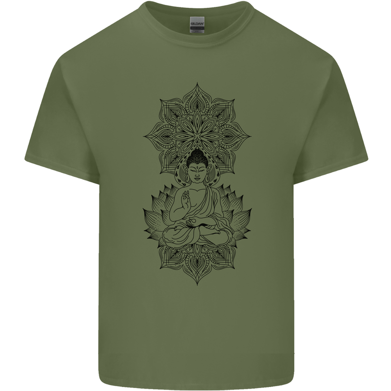 Buddha Mandala Art Mens Cotton T-Shirt Tee Top Military Green